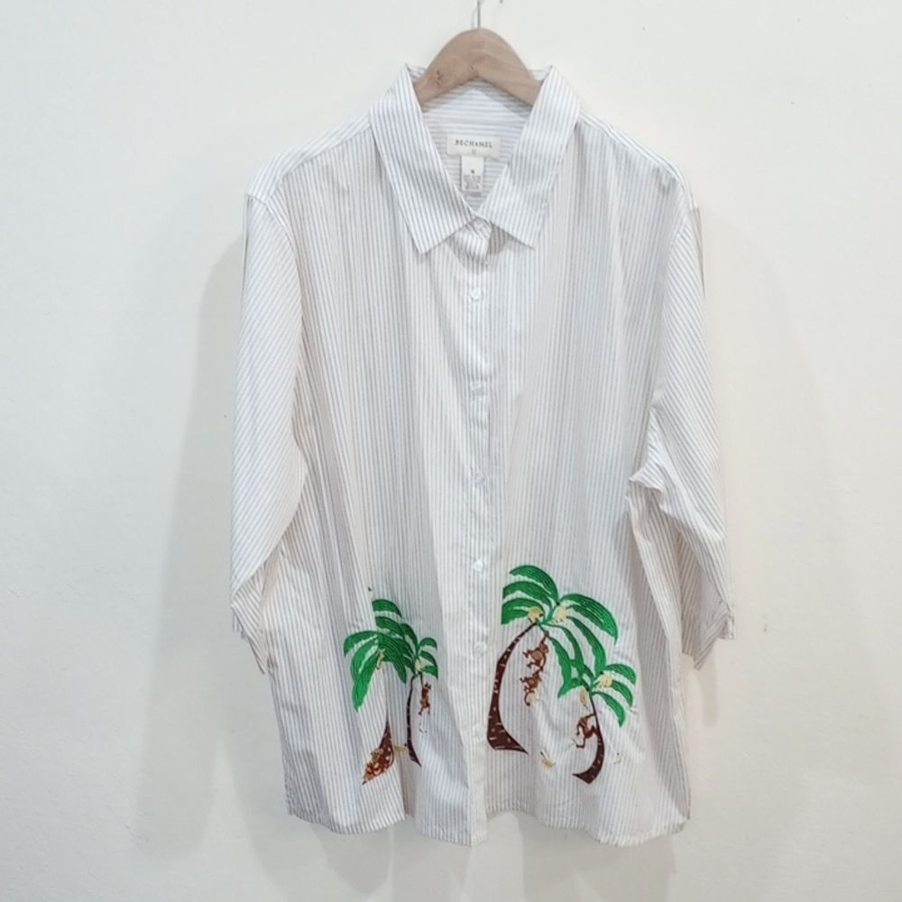 Bechamel Striped Blouse With Embroidered Monkeys and Bananas, Size 3X - Vintage!
